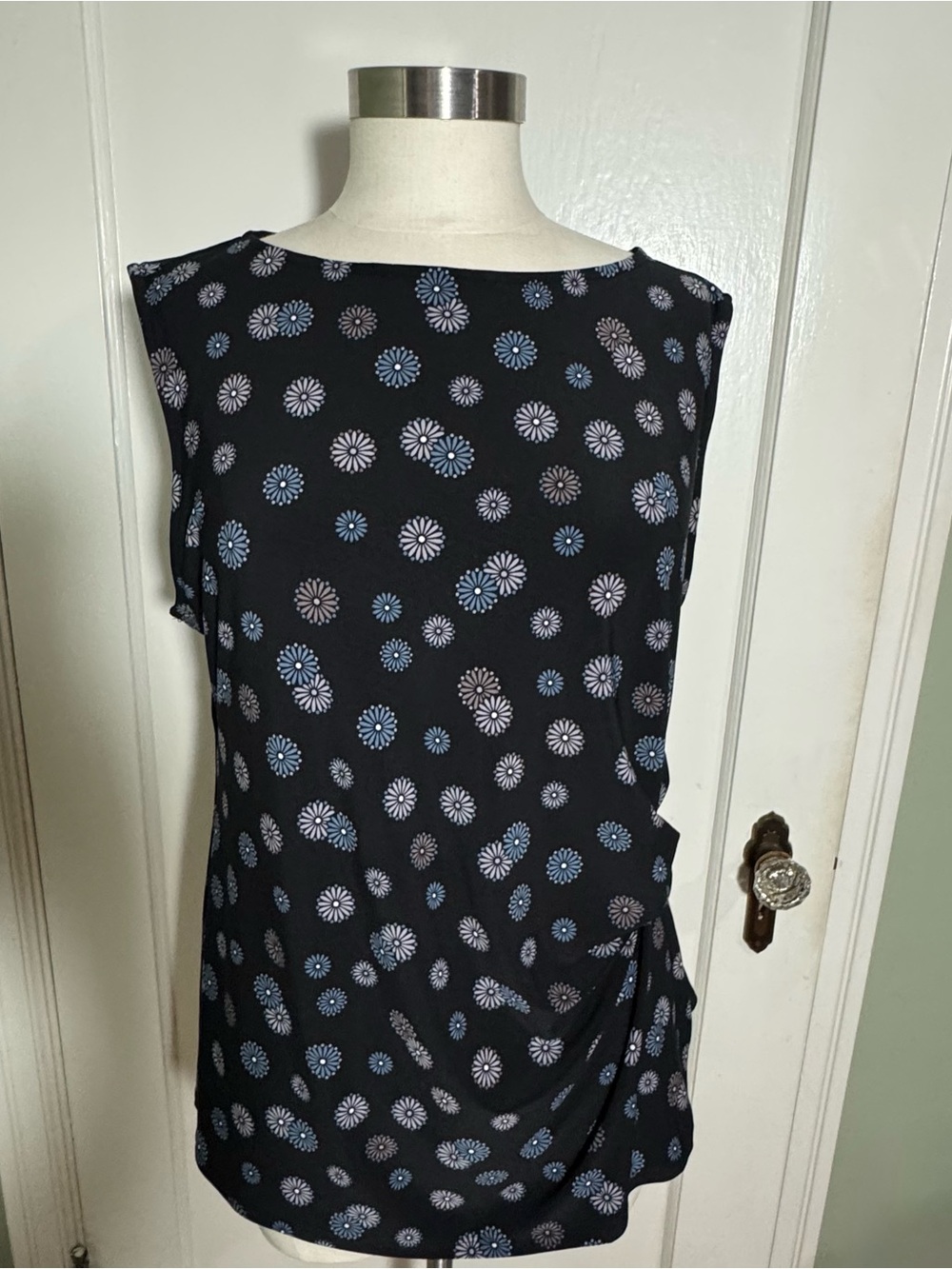 Anne Klein Navy Top with Daisy Print in Lighter Blues